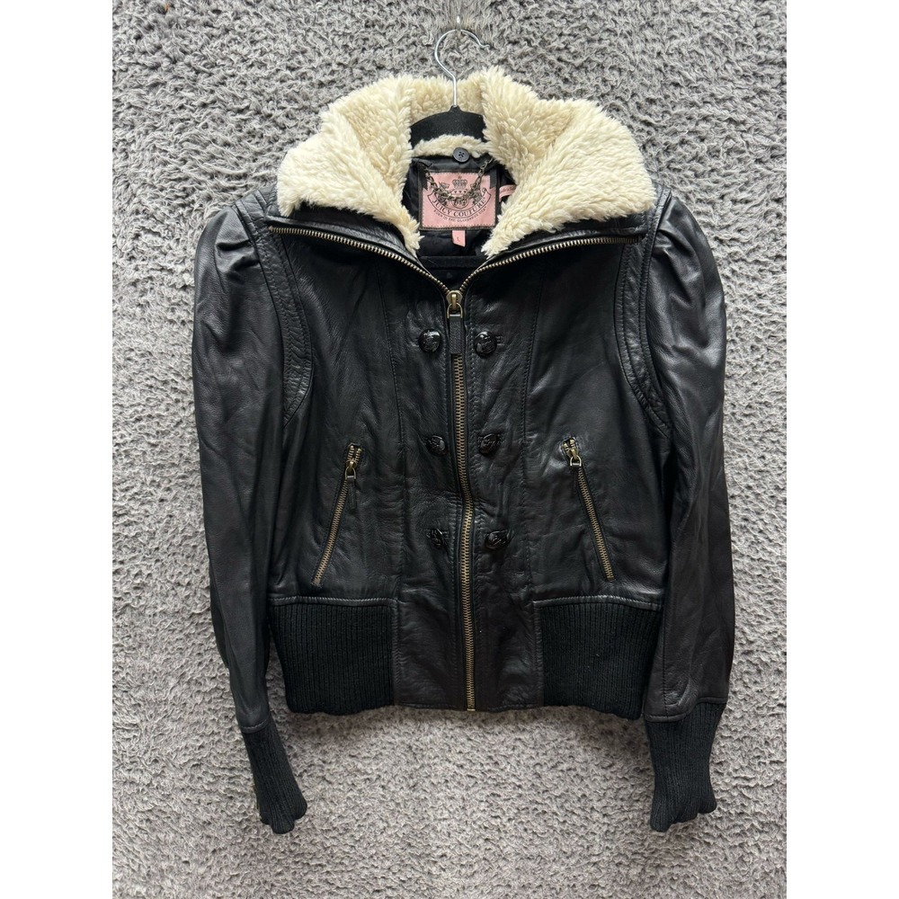Y2K Juicy Couture Full Zip Leather Bomber Jacket Black w/ Sherpa Collar Size L